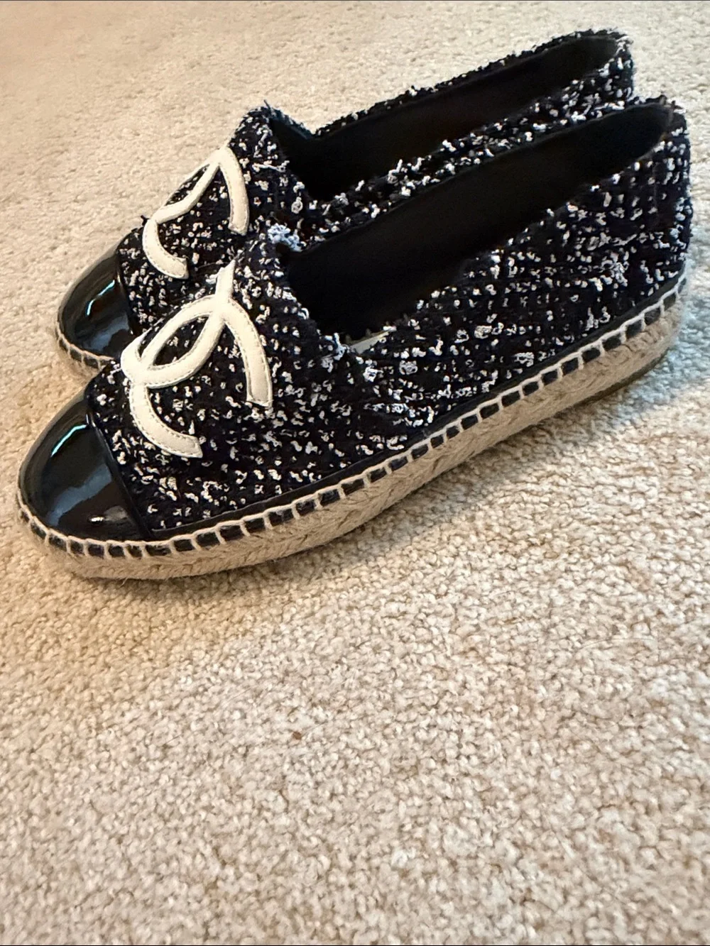 CHANEL Black & White Tweed CC Logo Slip-On Flats